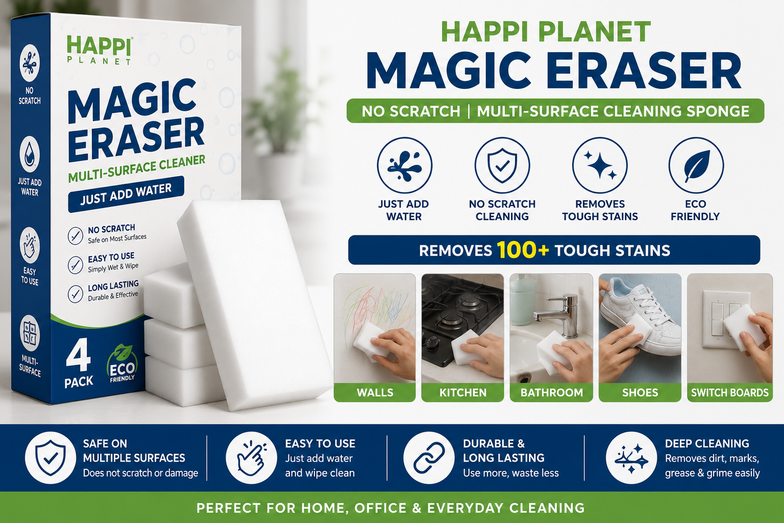 Happi Planet Magic Eraser Pack of 4 | No Scratch Multi-Surface Cleaning Sponge | Removes 100+ Tough Stains | Just Add Water